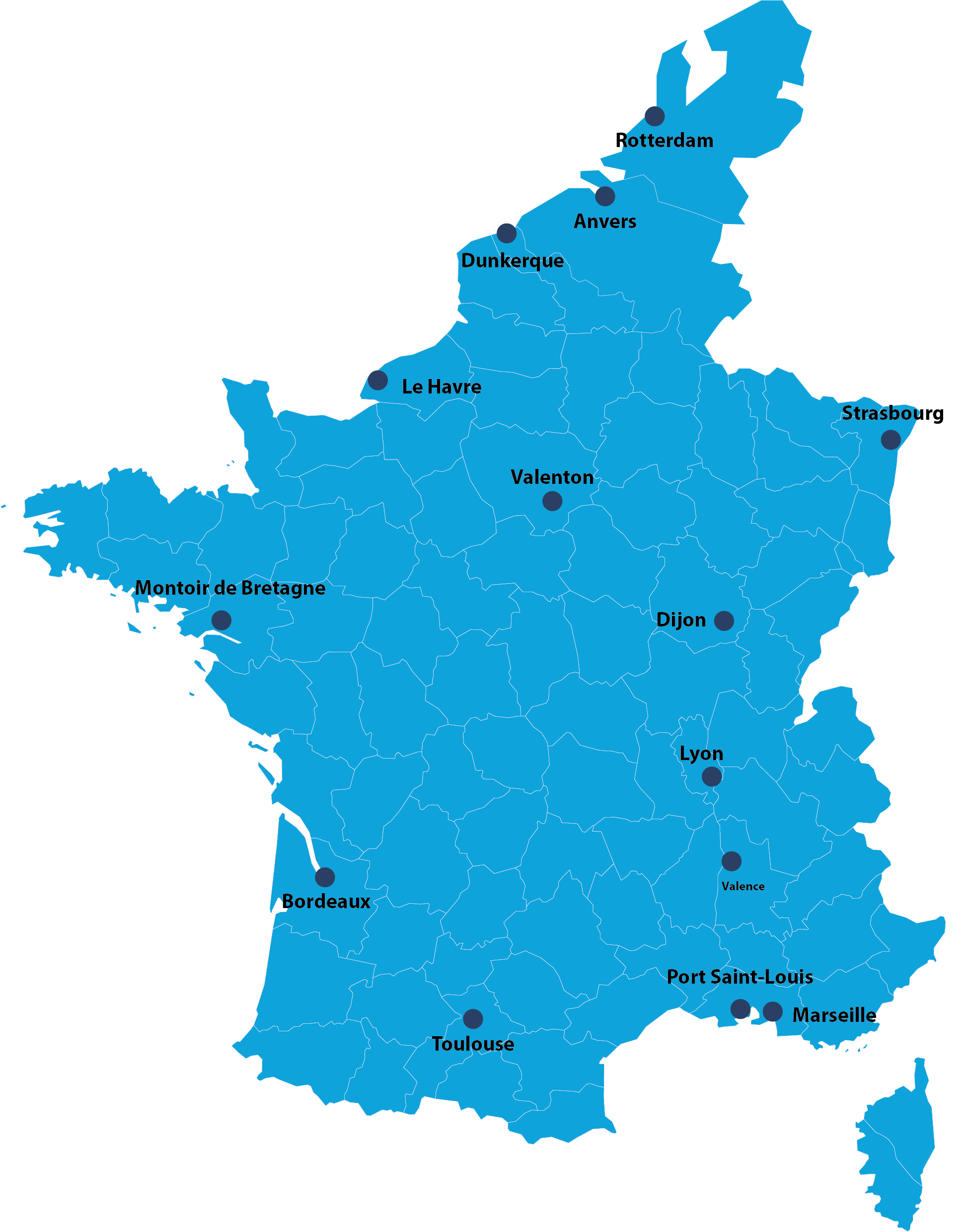 Carte de la France bleue avec des points sur les villes avec un dépôt Eurobox