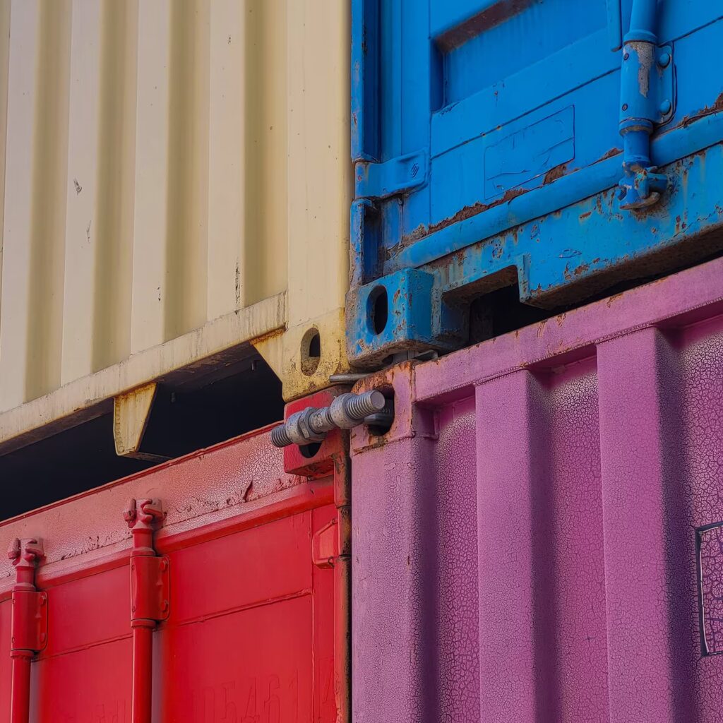 Repeindre un container, 4 containers coloré, jaune, bleu, rouge et rose parc Eurobox Lyon